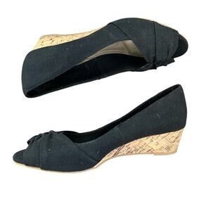 SEYCHELLES PEEP TOE BLACK CANVAS AND CORK WEDGES SIZE 8.5